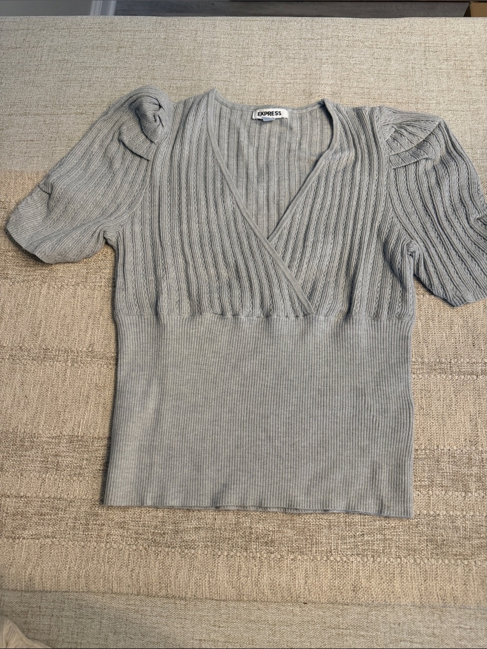 Express Light Gray Ribbed Puff Sleeve Wrap Knit Top